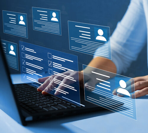 Human resources and management. Employees must complete the online survey form, answer the test questions.Marked checklist on a clipboard.